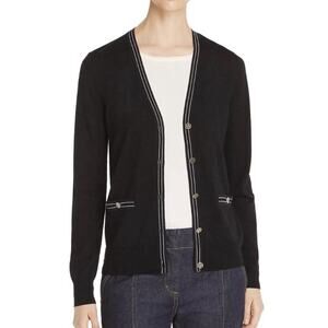 Tory Burch Madeline 100% Merino Wool V-Neck Black Cardigan Trim S